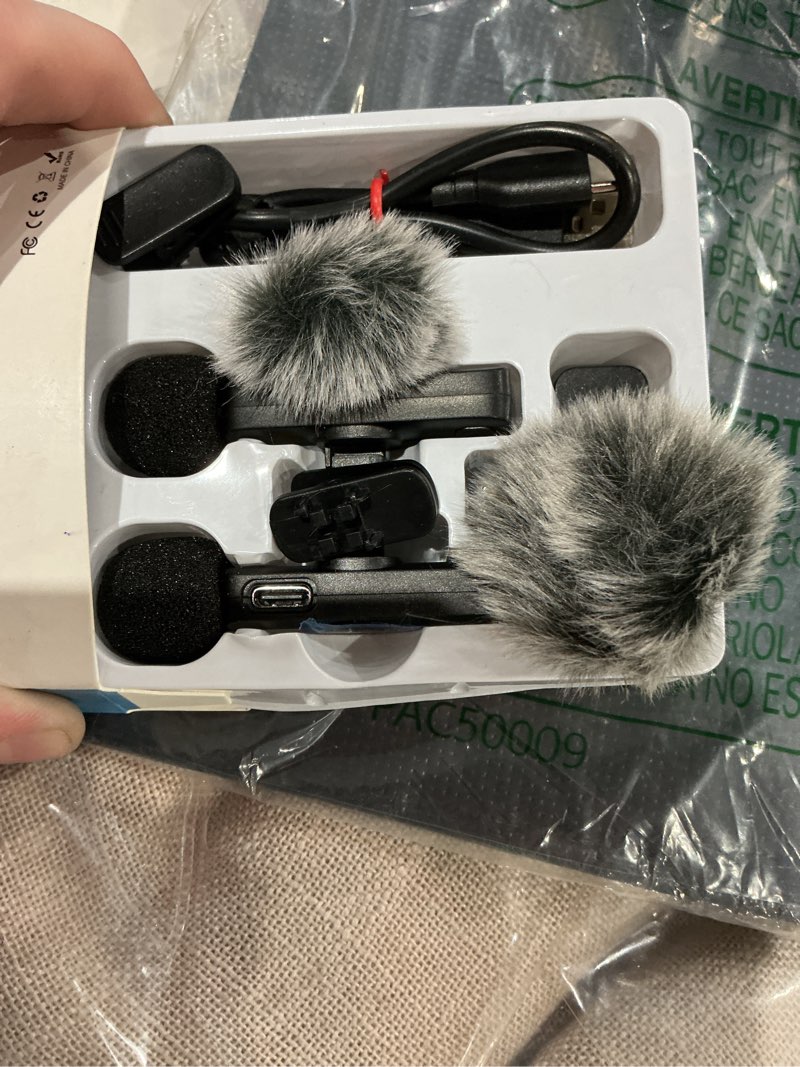 Condition photo showing As Is for maybesta wireless mini microphone for iphone, android phone - 2 pack lavalier lapel mic for audio video recording - clip on content creator microphones for youtube tiktok podcast vlogging black(all iphones & androids)
