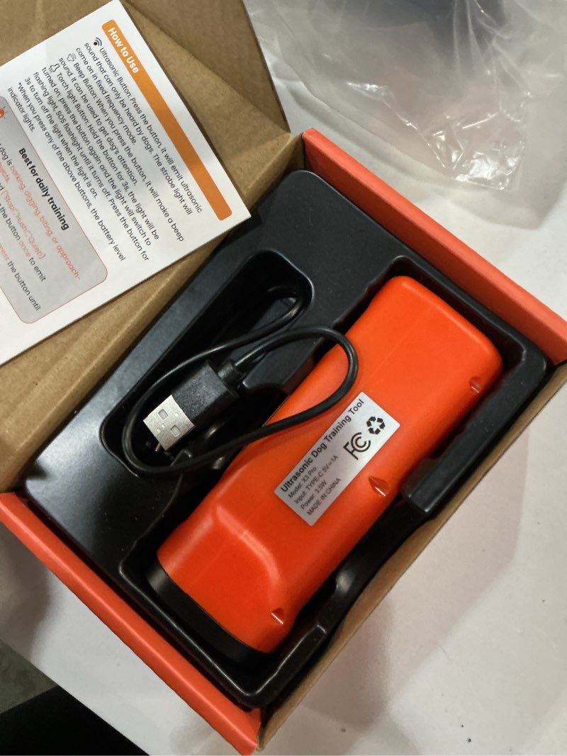 Condition photo showing New/Like New for dog bark deterrent devices, 6 modes 3x ultrasonic anti barking device for dogs, 33 ft range barks no more indoors neighbor outdoors with flashlight,dog training device mango