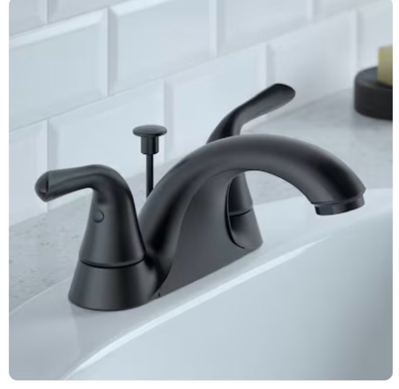 Project Source Dover Matte Black 4-in centerset 2-handle WaterSense Mid-arc Residential Handle Bathroom Sink Faucet with Drain with Deck Plate It