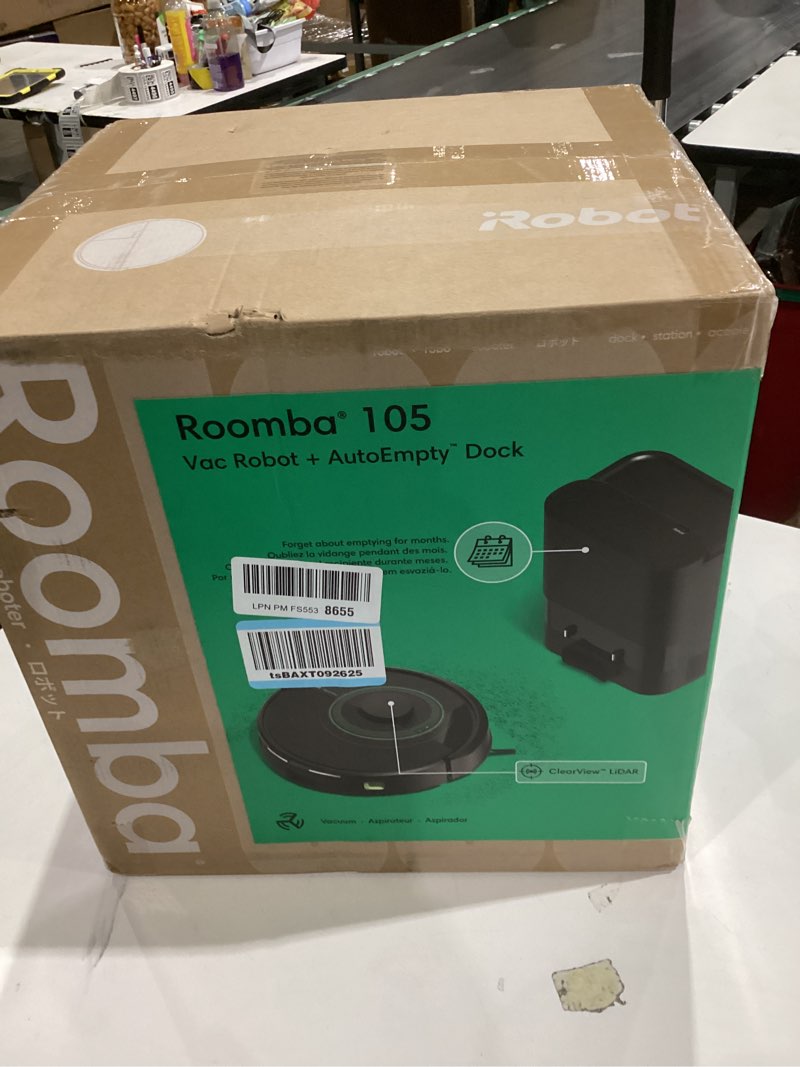 Condition photo showing Good Condition for iRobot Roomba 105 Vac Robot Vacuum with AutoEmpty Dock for Carpet & Hard Floor - Self-Empties for 75 Days, Easy to use, Intense Power-Lifting Suction, LiDAR Navigation, Cleans in Neat Rows Roomba 105 VAC AE