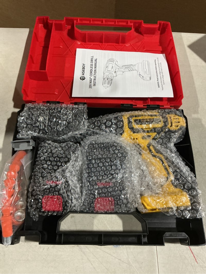 Condition photo showing Good Condition for Cordless Drill with Battery and Charger, 20V Electric Power Drill with 3/8" Keyless Chuck, 25+3 Torque Settings & Impact Mode for Drilling, Screwdriving, and Home Improvement(2 Batteries) 2 Batteries Yellow