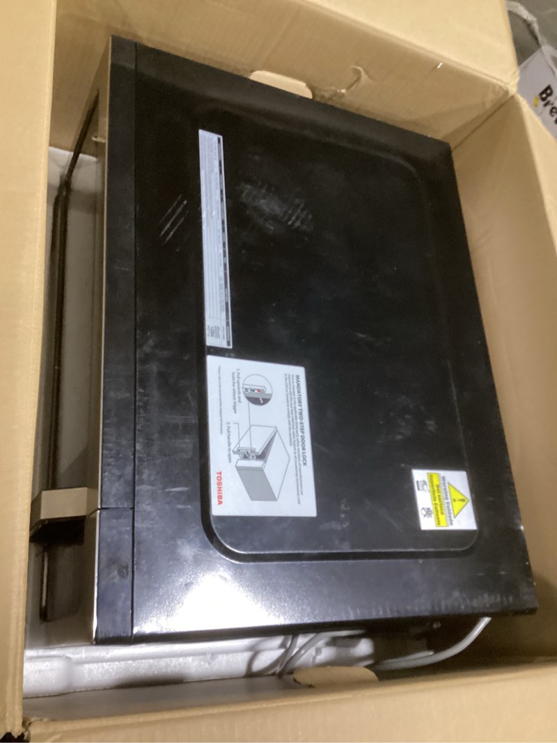 Condition photo showing As Is for Toshiba ML-EM62P(SS) Large Countertop Microwave with Smart Sensor, 6 Menus, Auto Defrost, ECO Mode, Mute Option & 16.5" Position Memory Turntable, 2.2 Cu Ft, 1200W, Stainless Steel Sensor-2.2 Cu.Ft.