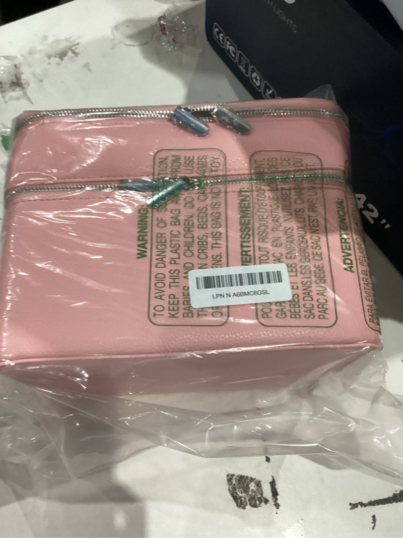 Condition photo showing As Is for Makeup Vanity Bag for Women - Large Capacity Cosmetic Organizer with Removable Liner, Waterproof PU Leather Skincare Bag, Portable Chic Cosmetic Make Up Case for Skincare, Accessories,StyleC, Pink Pink StyleC