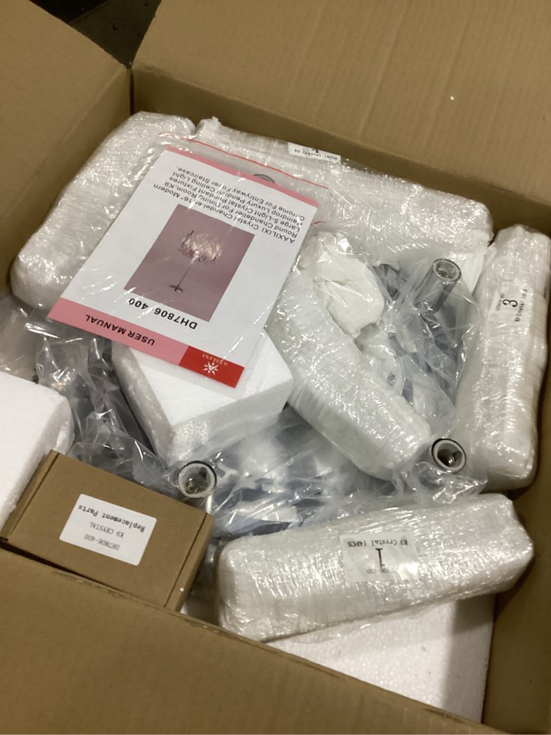 Condition photo showing Good Condition for Chrome Crystal Chandelier Small Crystal Pendant Light Fixture 16" Raindrop Flush Mount Hanging Chandelier with Adjustable Chain K9 Crystals 2 Tiers for Kitchen Island Dining Room Bedroom Hallway Round - 16 inches