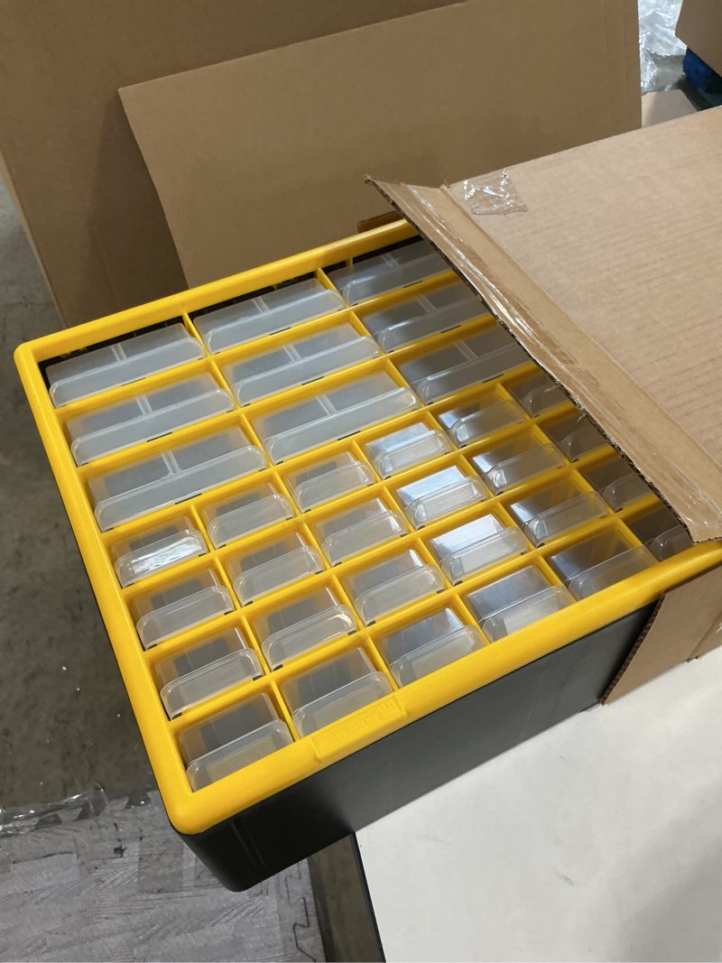 Condition photo showing Good Condition for akro-mils 44-drawer plastic storage cabinet, 20"w x 6"d x 16"h, yellow | plastic cabinet w/ drawers for garage organization, beads, building bricks storage, teacher toolbox, makeup organizer, 10144 yellow 44 drawer 1 pack
