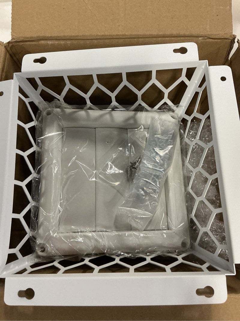 Condition photo showing New/Like New for hortsun 4" louvered dryer vent cover & bird guard set, outdoor steel bird guard for dryer & bathroom exhaust fan, prevents birds & debris entry, includes 14 mounting screws(white)