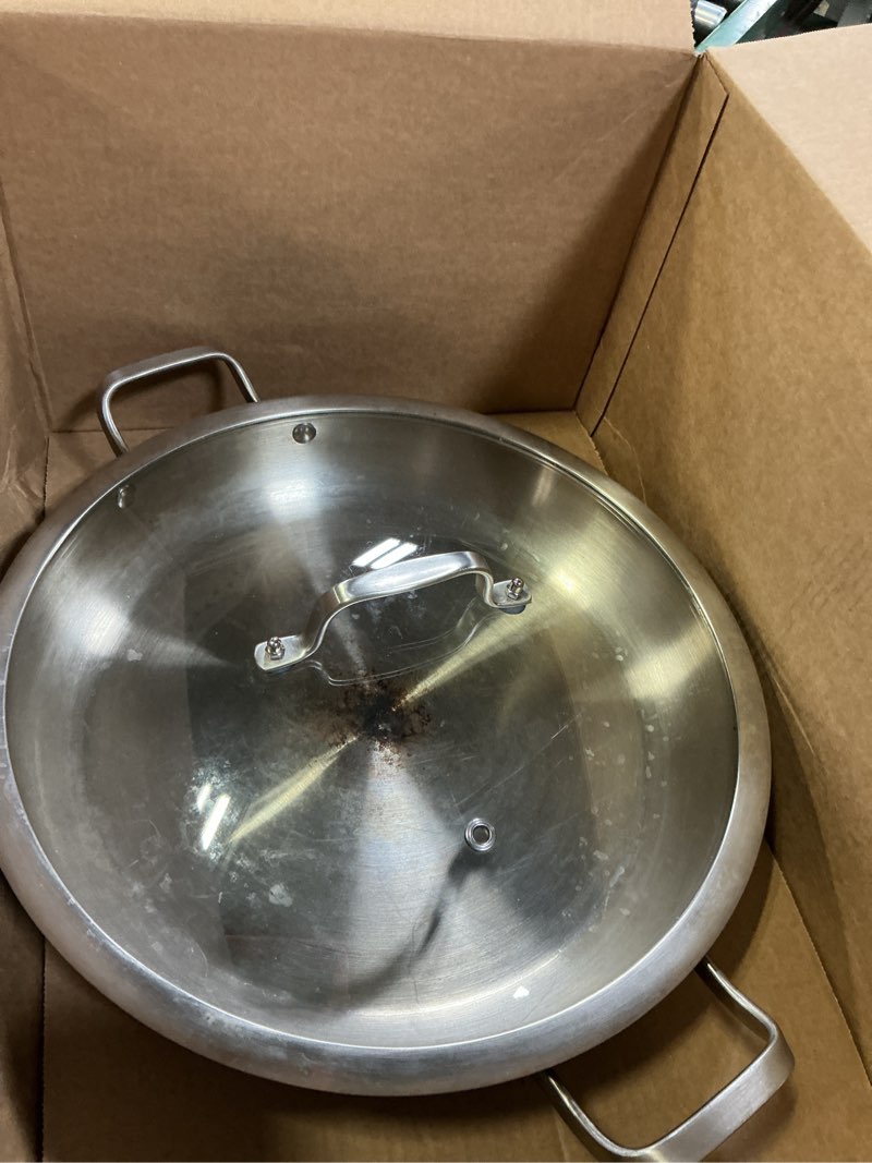 Condition photo showing As Is for delarlo paella pan 14 inch tri-ply stainless steel paella pan with lid, jumbo frying pan, kitchen induction large skillets,great for paella parties indoors outdoors,heavy duty style stainless steel 14inch/ss