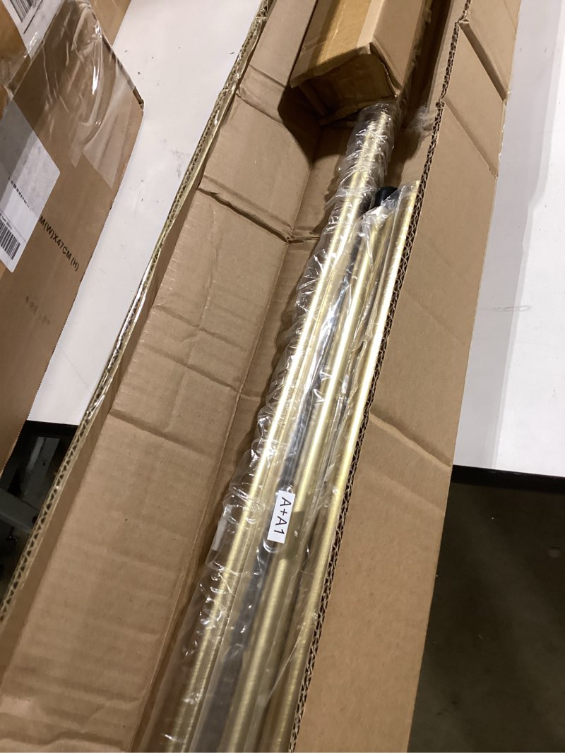 Condition photo showing Good Condition for warm gold bay window curtain rods with aluminum end cap finials and brackets,adjustable 36-72 inch center rod for windows (24-68’’), 20-36 inch side rods for windows (16-32’’),1 inch diameter 20-36"&36-72"&20-36"(3 sided) warm gold