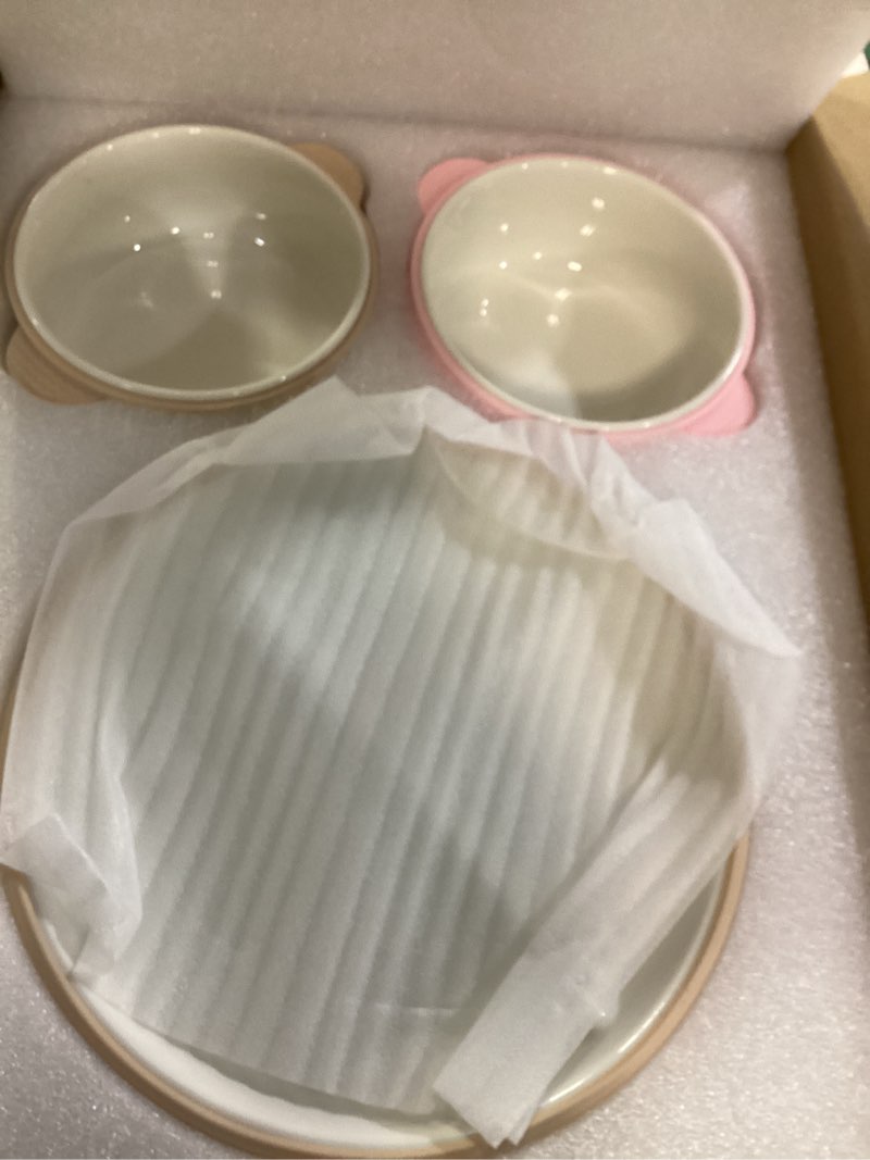 Condition photo showing Good Condition for Domensi 4 Pcs Porcelain Kids Plates and Bowls Sets with Suction, 2 Ceramic Toddler Divided Plates 2 Baby Anti Slip Silicone Sleeve Bowls for Feeding Supplies Microwave Dishwasher Safe (Pink,Beige)