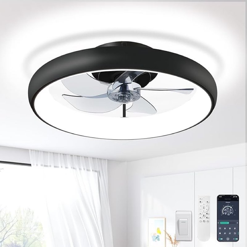 Ceiling Fans with Lights and Remote, 20" Modern Low Profile Ceiling Fan with Light, 2700K-7000K Stepless Dimming Fandelier Flush Mount Led Fan Light and 6 Wind Speeds for Bedroom(Black
