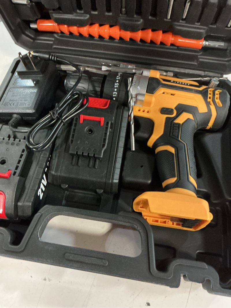 Condition photo showing Good Condition for vqjtcvly cordless drill, 21v power drill set with 2ah battery, 3/8"keyless chuck, 25+1 position electric drill, 2-speed transmission for screwdriving and drilling, yellow