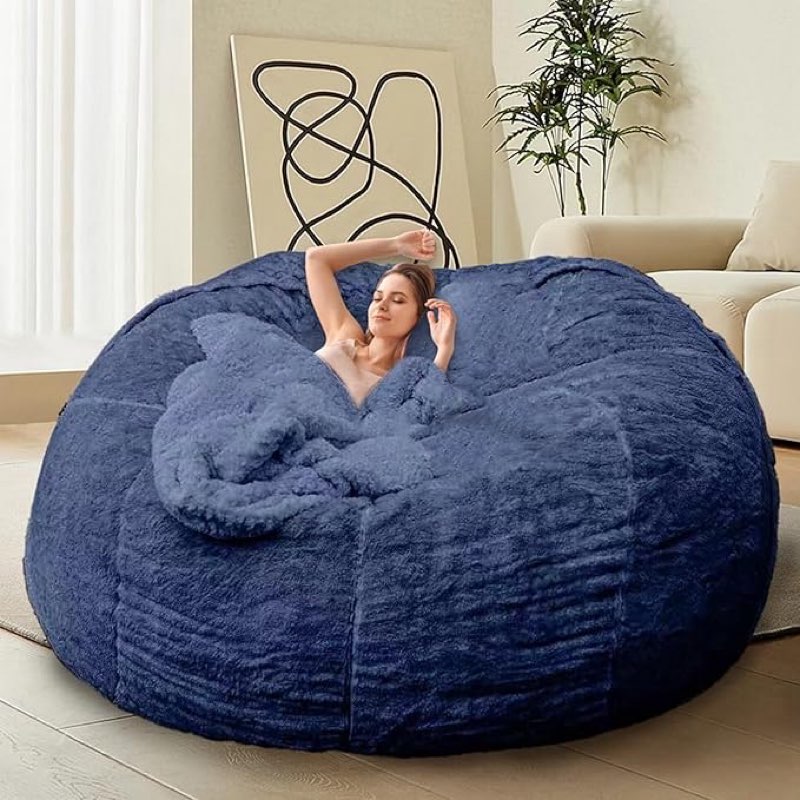 bean bag chair for adults kids without filling comfy oversized round beanbag chair for stuffed animal storage bedroom living room chairs, 6ft, blue