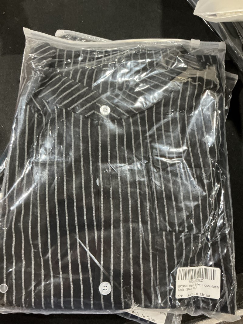 Condition photo showing Good Condition for BAYAMO Men's Banded Collar Stripe Shirt, Linen Cotton Mandarin Collar Long Sleeve Button Down Shirts Collarless Tops Black Large