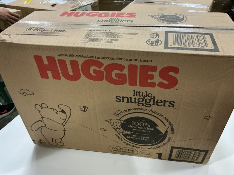 Condition photo showing New/Like New for huggies size 1 diapers, little snugglers diapers, size 1 (8-14 lbs), 198 count (6 packs of 33), packaging may vary