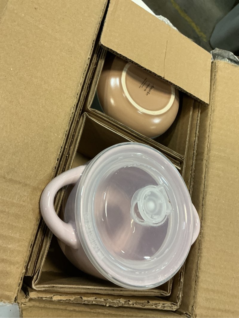 Condition photo showing Good Condition for AmorArc 24 Ounces Soup Bowls with Large Handles and Lids, Stoneware Bowls Set of 2 for Soup, Cereal, Stew, Noodle, Colourful Ceramic Kitchen Bowls, Microwave&Dishwasher Safe, Green&Purple Set of 2 Green&Purple