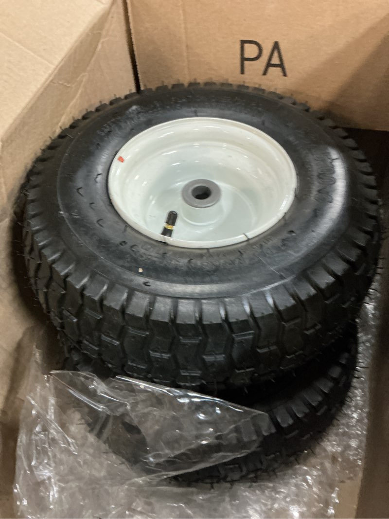 Condition photo showing As Is for 13x5.00-6 nhs lawn mower tire and wheels tubeless with 3/4" 5/8" bearings, 13x5x6 zero turn mower front tires for commercial grade lawn 3"-4" adjustable centered hub, 2pcs 13x5.00-6 - 2p ( tubeless ) white