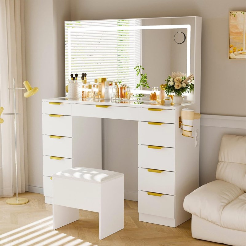(Incomplete)Pamapic 11 Drawers Vanity Desk with Golden Handles, Upgraded Silent Slides Vanity Mirror with Lights, 3 Lighting Modes Glass Top Makeup Vanity with Chair and Portable Mirror, Charging Station