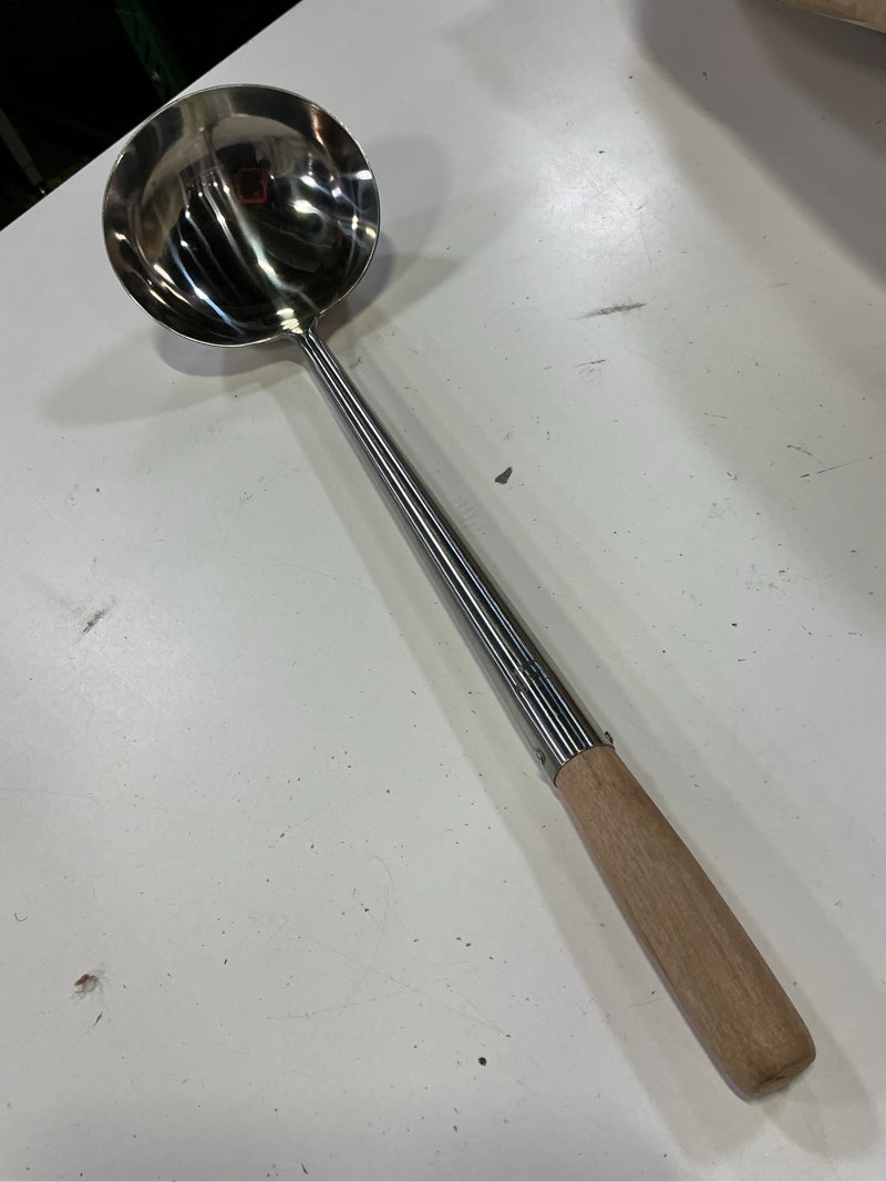Condition photo showing Good Condition for craft wok large wok ladle stainless steel traditional wok hoak with ergonomic wooden handle professional asian kitchen utensil for stirring serving / 732w6-3 wooden handle 21-inch (l)