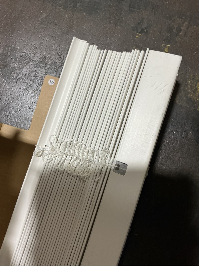 Condition photo showing As Is for levolor trim+go 2-in slat width 35-in x 48-in cordless white faux wood room darkening horizontal blinds
