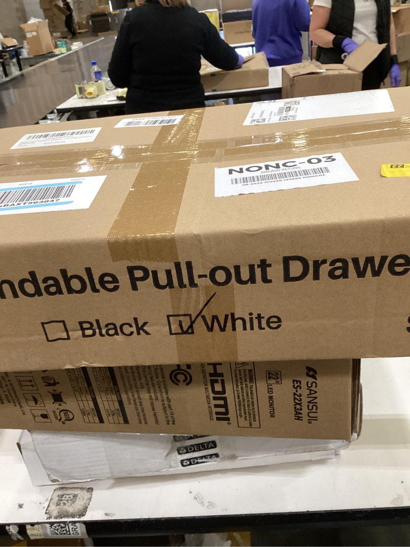 Condition photo showing New/Like New for Kitstorack Pull out Cabinet Organizer, Expandable(12"-20") Heavy Duty Slide out Drawers Fixed with Adhesive Nano Film for Pots, Roll out Shelf Storage for Kitchen Base Cabinet Organization(White) White 21"D×12"-20"W(1 Pack)