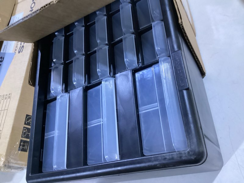 Condition photo showing Good Condition for akro-mils 26-drawer plastic drawer storage cabinet for garage organization, bead organizer, building bricks storage, teacher toolbox, makeup organizer, 20" w x 6" d x 10" h, 10126 black black 26 drawer 1 pack