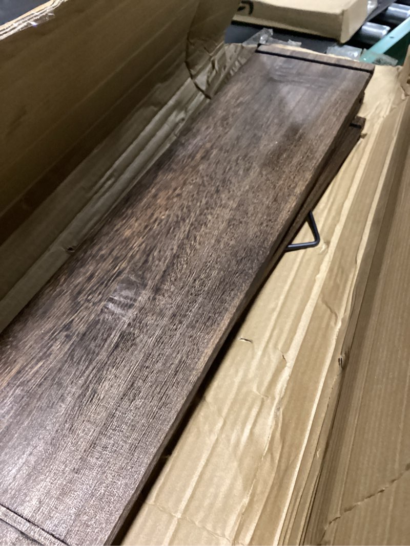 Condition photo showing As Is for Floating Shelves - 24 Inch Wall Mounted Set of 3 Rustic Wood Shelves for Wall Decor and Living Room Storage (Brown) Brown 24 In