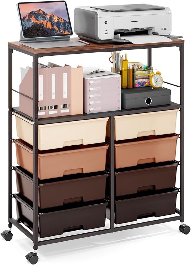 rolling cart with 8 drawers,storage drawer cart with wooden tabletop,lockable wheels organizer for homeschool, arts & crafts, classroom, office & creative spaces (brown)