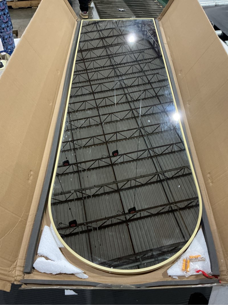 Condition photo showing Good Condition for dmwoodfl 58"x18" arched full length mirror - floor standing or wall mounted with stand, aluminum frame & shatter-proof glass, gold freestanding mirror for bedroom, living room, entryway decor 58"x18"gold 58"l x 18"w