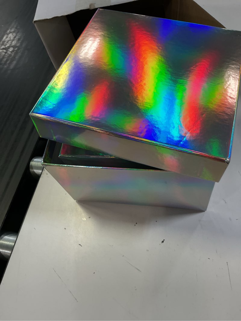 Condition photo showing New/Like New for fulmoon 5 pack holographic silver square nesting gift boxes with lids set assorted sizes 8in 7in 6in 5in 4in with ribbon for wedding graduation birthday presents keepsake 1 count (pack of 5) silver 5