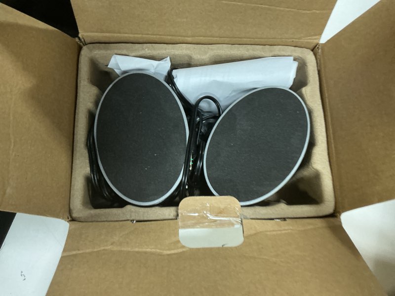 Condition photo showing As Is for amazon basics stereo 2.0 speakers for pc or laptop with volume control, 3.5mm aux input, usb-powered, 1 pair, black 1 pair black