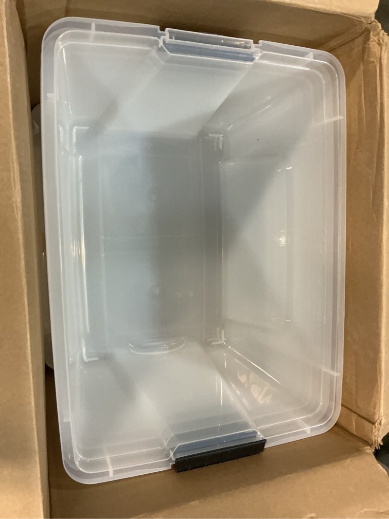 Condition photo showing As Is for ( incomplete ) iris usa 54 qt stackable plastic storage bins with lids, 6 pack - bpa-free, made in usa - see-through organizing solution, latches, durable nestable containers, secure pull handle - clear clear 54 qt 6 pack