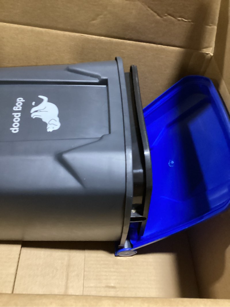 Condition photo showing As Is for dog poop trash can outside, 20l/5gallon dog waste trash can with lid, pedal and removable inner waste bin, pet poop bucket with 100 bags, blue blue trash can with bags