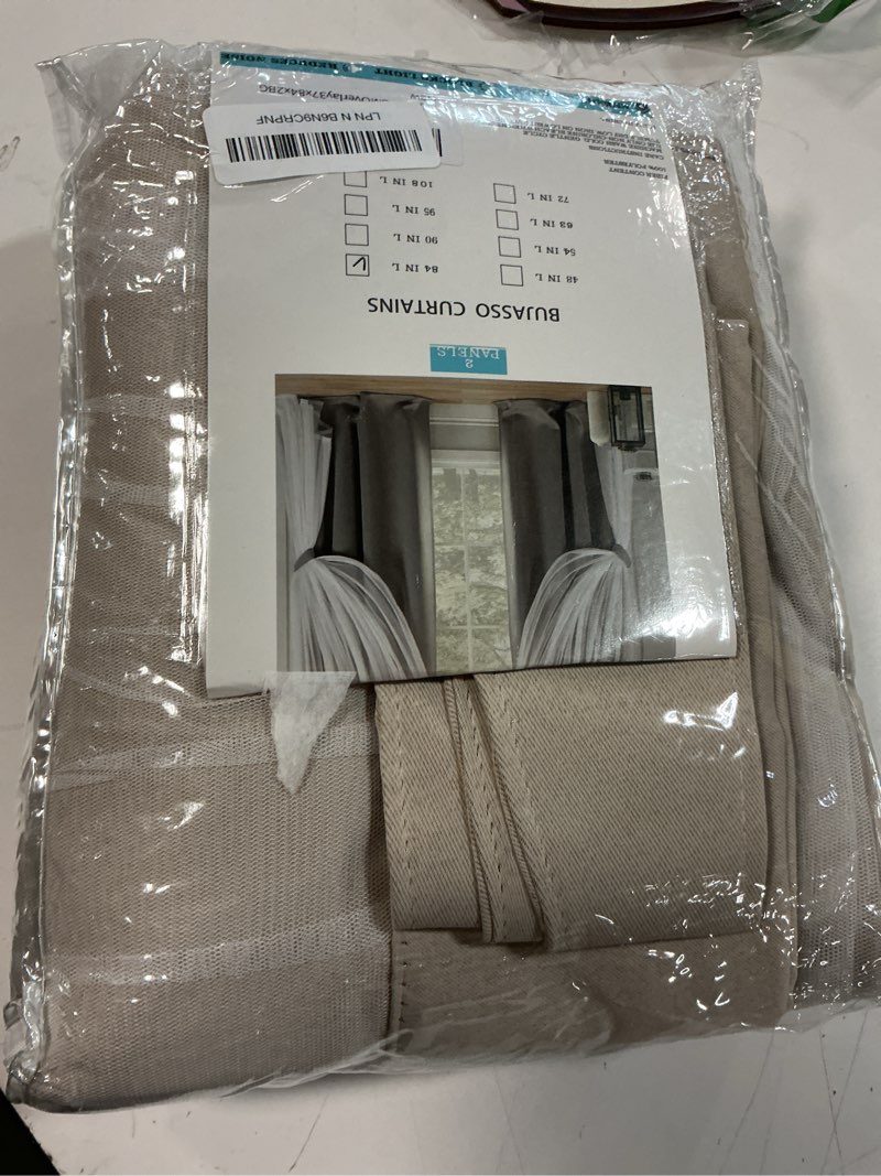 Condition photo showing Good Condition for bujasso beige 90% blackout curtains with sheer overlay mix and match double layer thermal insulated window panels 84 inch for living room bedroom beige drapes with tiebacks grommet top 37" wx84 lx2 37"w x 84"l (pack of 2) beige