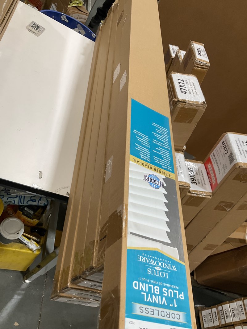 Condition photo showing New/Like New for LOTUS & WINDOWARE Cordless 1" Premium Vinyl Mini Blind, 39" Wide x 64" Long, White, Smooth, Room Darkening, Horizontal Blinds for Living Room, Bedroom, Interior Door Windows 39"W x 64"H White
