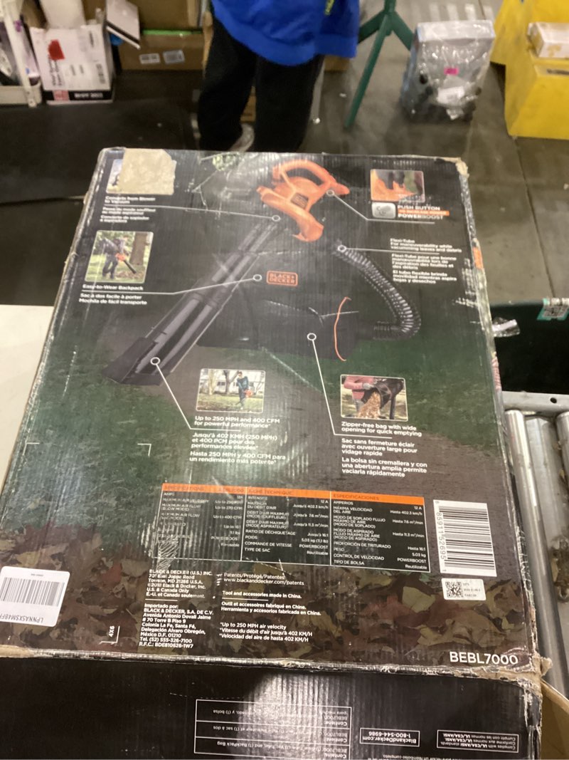 Condition photo showing As Is for BLACK+DECKER Leaf Blower, Leaf Vacuum and Mulcher 3 in 1, Backpack Blowers for Lawn Care,250 mph Airflow, 400 cfm Delivery Power, Reusable Bag Included, Corded (BEBL7000)