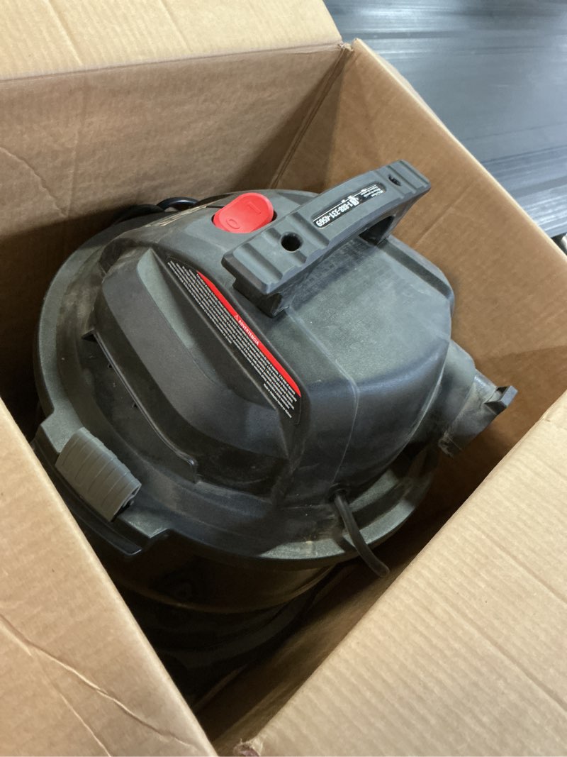Condition photo showing As Is for craftsman 5-gallon 4-hp corded wet/dry shop vacuum with accessories included