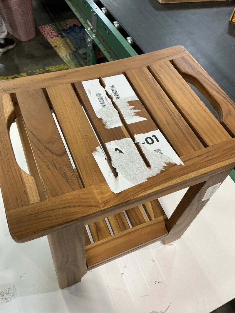 Condition photo showing Good Condition for 14" Compact Teak Shower Stool with Shelf & Handle - Waterproof, Non-Slip Bath Bench for Small Bathrooms/Tub/Outdoor Use, 300 lbs Capacity (Patented) 14"W x 10" Dx 17"H