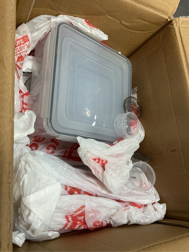 Condition photo showing As Is for 56 piece food storage containers with lids(28 containers & 28 lids), bpa-free plastic food containers for kitchen storage and organization, leak proof meal prep container, includes labels & pen