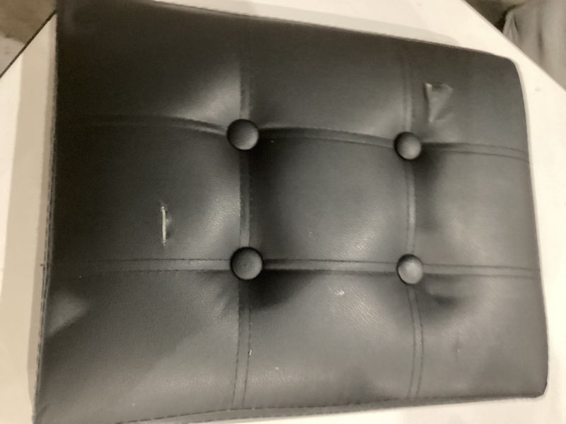 Condition photo showing As Is for Storage Ottoman Foot Rest Stool with Thicker Foam Padded Seat. Foldable Leather Footstool Bench. Small Ottoman with Storage for Living Room Bedroom Coffee Table 350 lbs, 17x13x13in, Black. 17"D x 13"W x 13"H Black