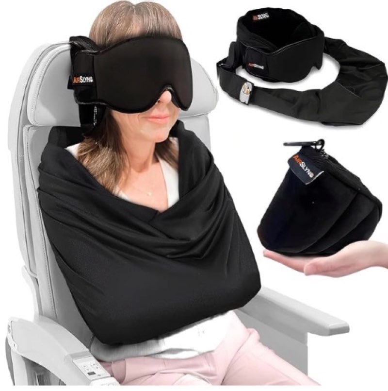 3-in-1 airplane sleep support system - integrated plane sleeping accessories with memory foam long haul flight pillow, adjustable travel eye mask, and blanket-like body sling - fits in carry on