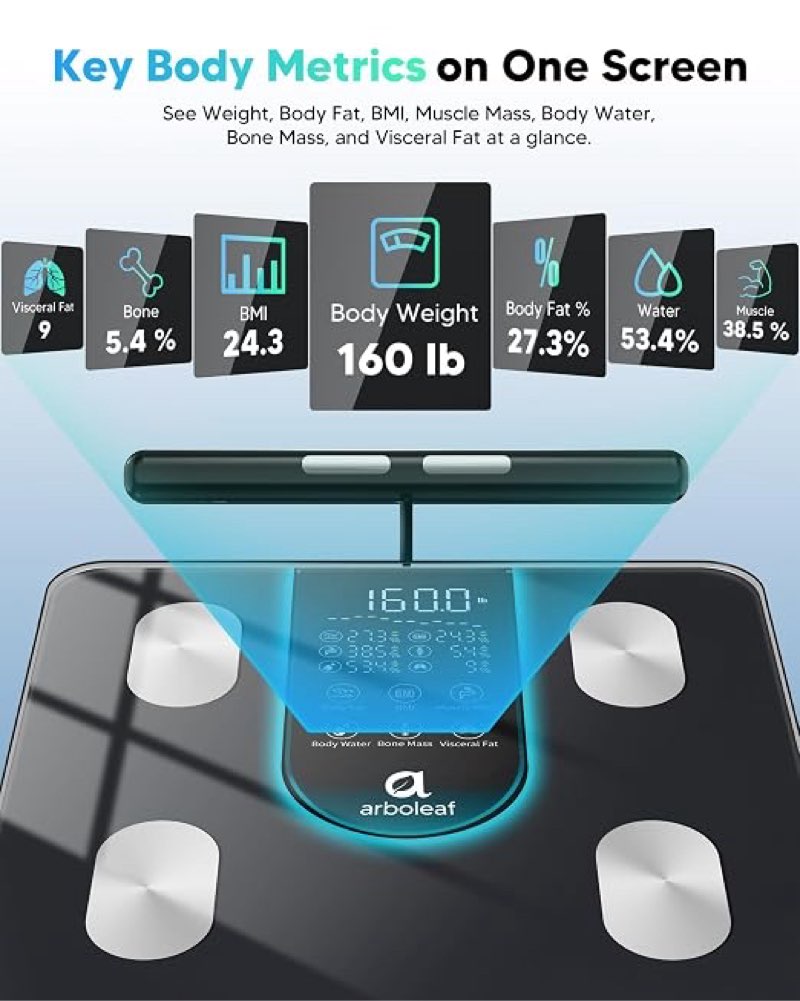 Condition photo showing As Is for arboleaf smart scale for body weight, dual-frequency 8-electrode bia | 7-in-1 display shows key stats fast; app unlocks 50+ metrics, trend charts, family profiles, plus data syncing and reports