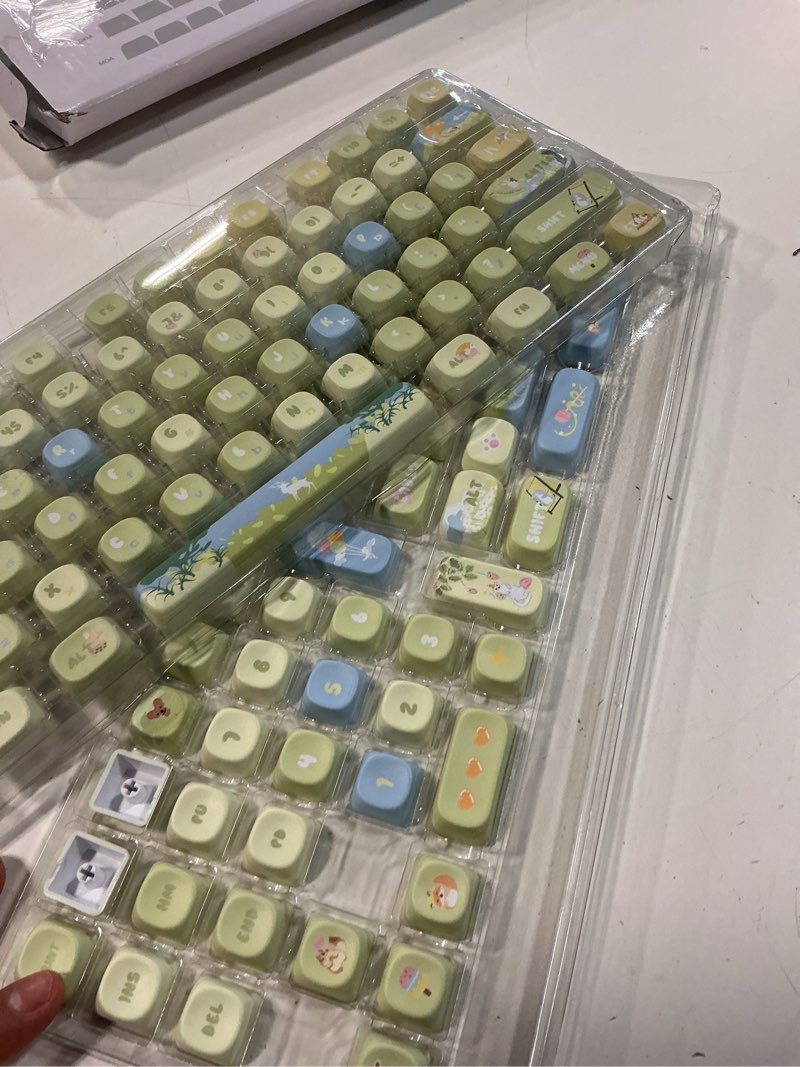 Condition photo showing As Is for tsungup cute green keycaps,130 keys moa profile pbt forest-themed custom keycaps,dye sub key caps keyboard keycap set for mx switches mechanical