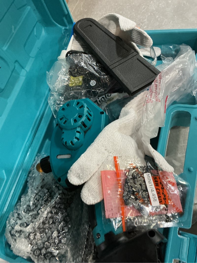 Condition photo showing As Is for seesii mini chainsaw 8 inch,cordless chainsaw w/ 2pcs 2000mah batteries,oiler system & replacement chain,handheld chain saw w/safety lock,battery powered chain saw for wood tree cutting,ch820+ navy blue