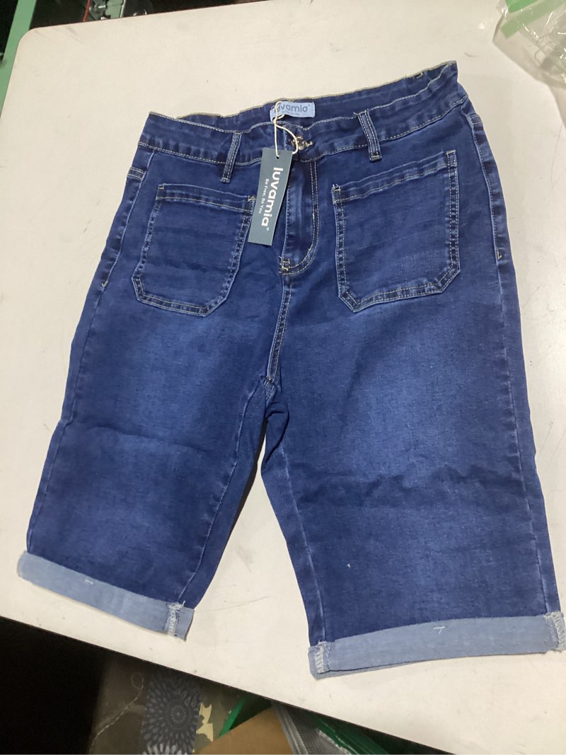 Condition photo showing Good Condition for luvamia Jean Bermuda Shorts for Women High Waisted Patch Pocket Knee Length Fold Hem Casual Stretchy Denim Long Shorts Large Darkness Blue