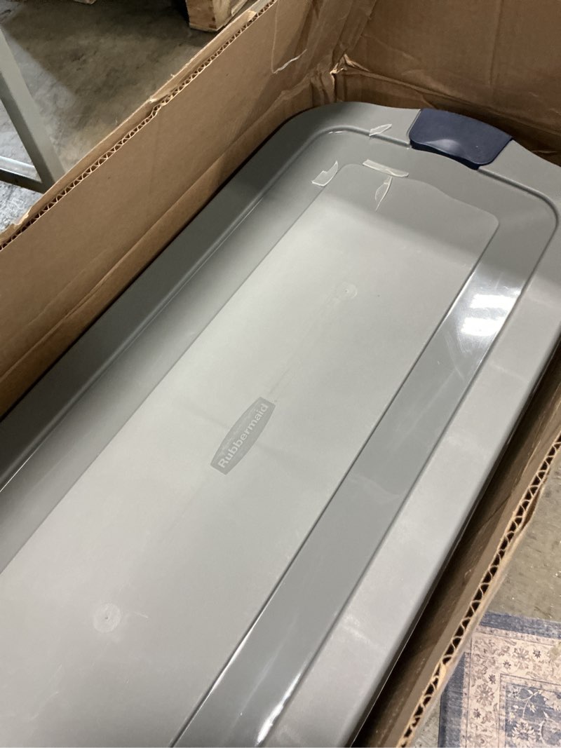 Condition photo showing As Is for Rubbermaid Commercial Products Brute Tote Storage Container with Lids-Included, 20-Gallon, Gray, Rugged/Reusable Boxes for Moving/Storing in Garage/Basement/Attic/Jobsite/Truck/Camping, 2 Pack