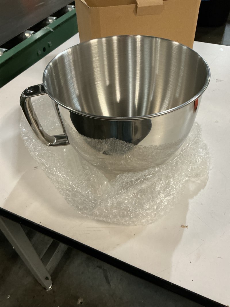 Condition photo showing New/Like New for 5qt food grade stainless steel mixer bowl, compatible with kitchenaid series 4.5-5qt tilt-head mixers, suitable for k45ss, ksm75, ksm90, ksm100, ksm150, dishwasher safe, heavy duty, no residue metal silver