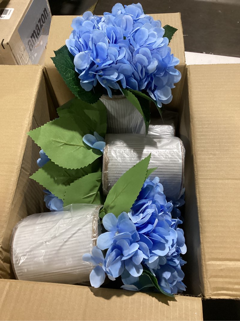 Condition photo showing New/Like New for flower table centerpieces - set of 6 floral arrangement artificial wedding hydrangeas floral arrangement with rustic metal vase for bridal tea party event decorations - pastel blue pastel blue set of 6 floral arrangement