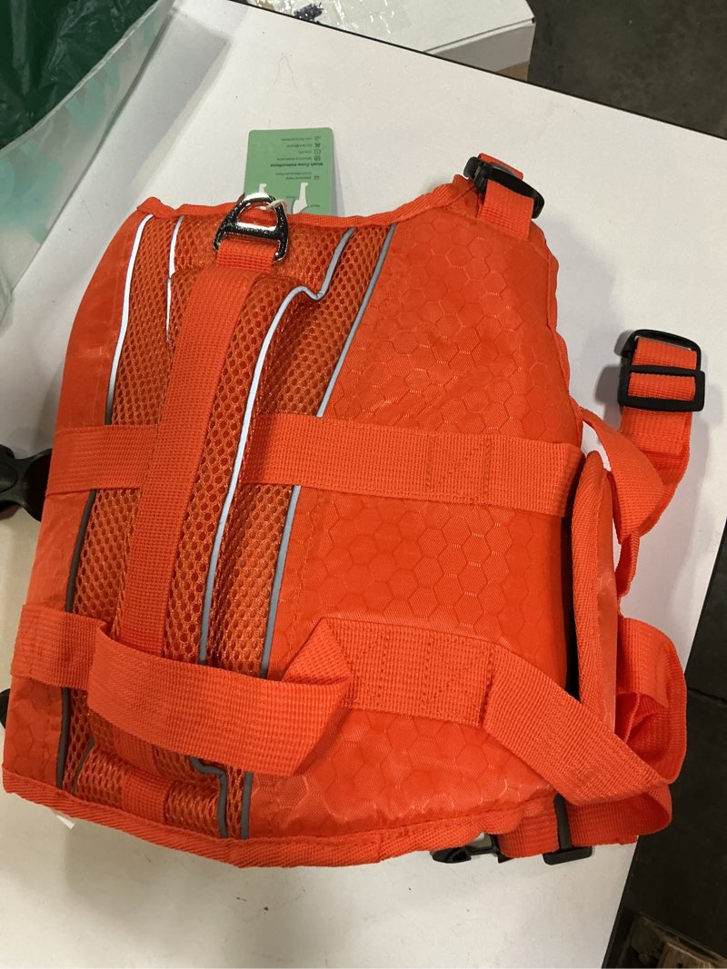 Condition photo showing Good Condition for (size m)kuoser dog life jacket high flotation, reflective dogs life vest for swimming boating, adjustable small medium large dog lifejacket, lightweight dogs life preserver rescue handle spring summer pool m (chest girth:20.5-25.2'') bright orange