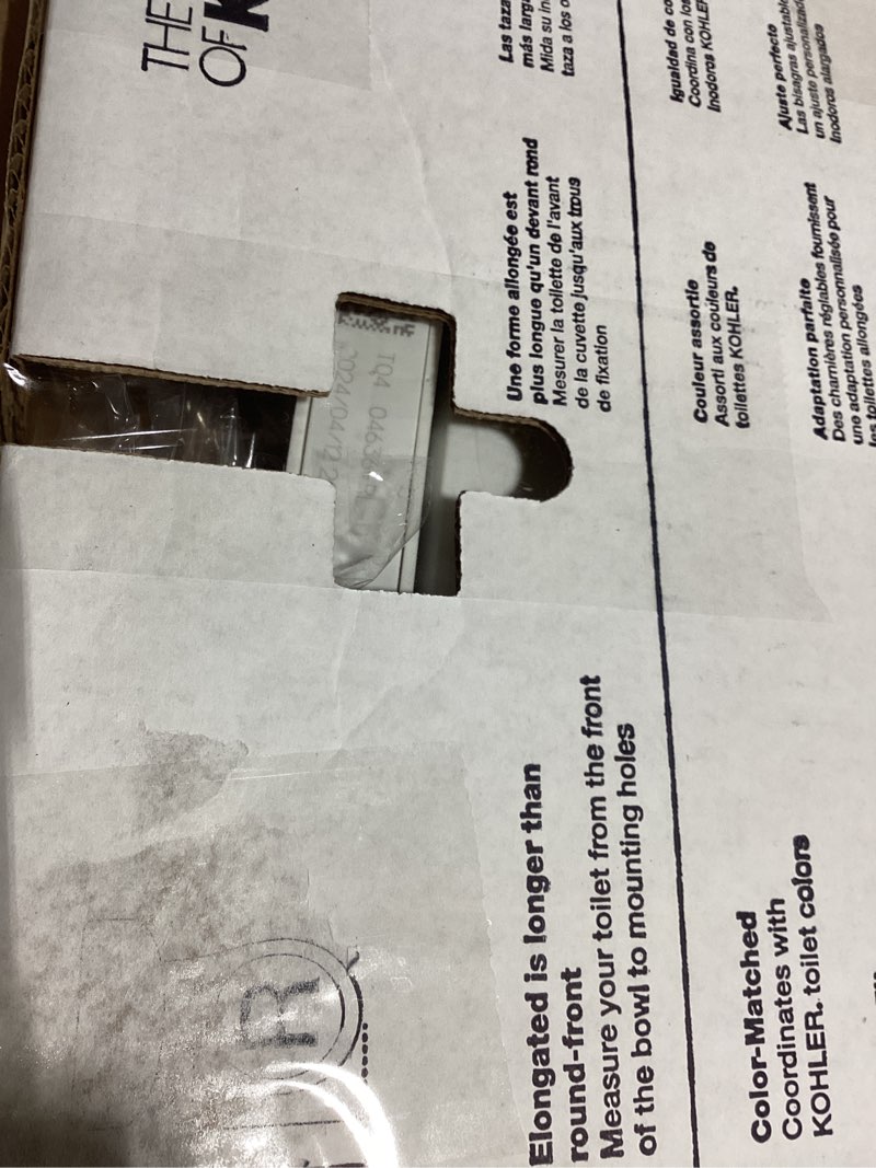 Condition photo showing As Is for KOHLER 20110-96 Brevia, Slow Close Toilet Seat, Elongated Toilet Seat, Grip-Tight Bumpers Quick-Attach Hardware, Biscuit Biscuit Elongated Quiet-Close