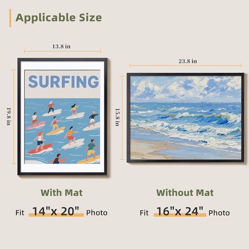 HappyHapi 16x24 Poster Frames, Black Piture Frames for 14x20 with Mat or 16x24 without, Vertical and